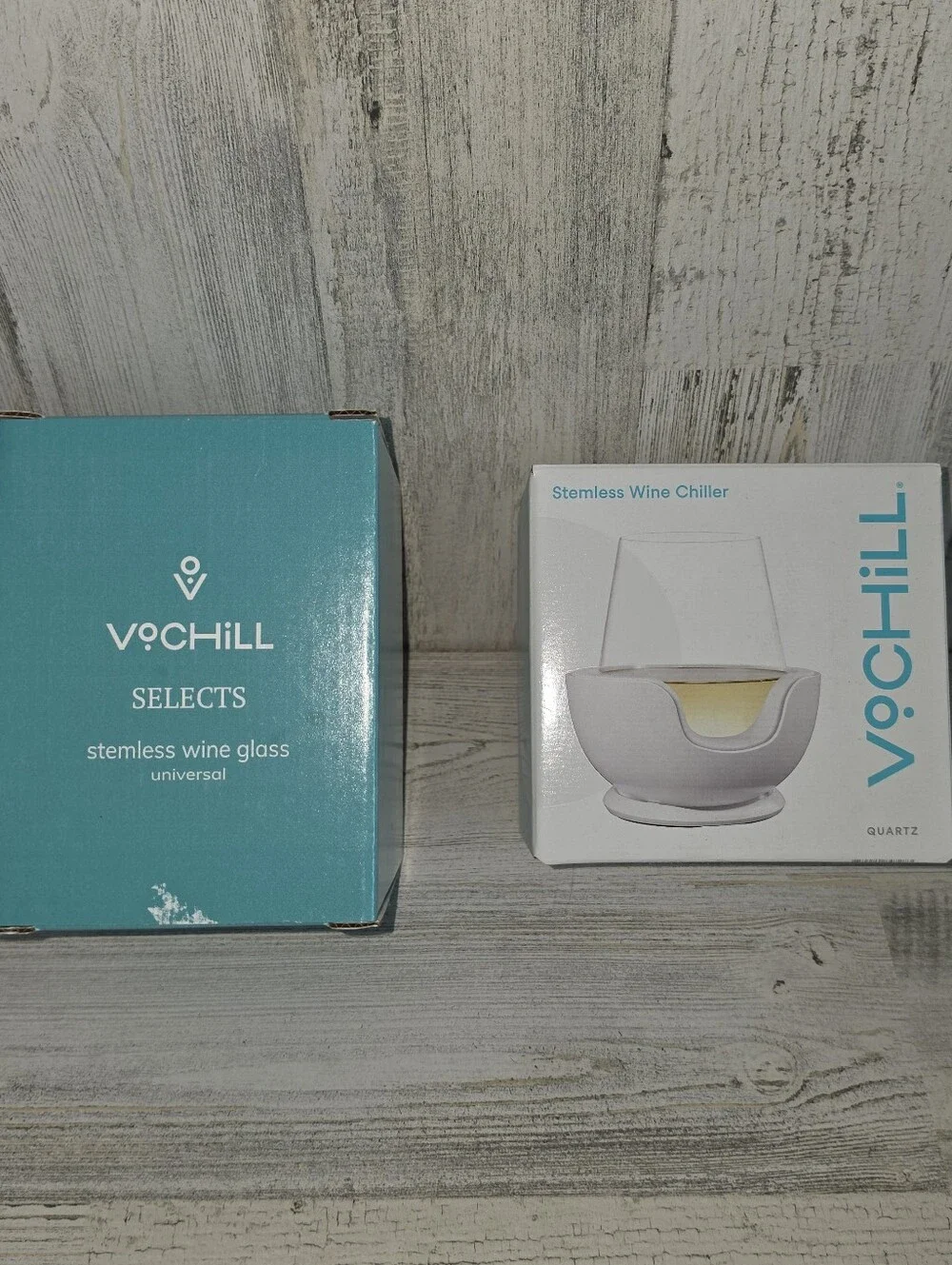 NEW VoChill Stemless Wine Chiller Quartz + Selects Universal Wine Glass NIB